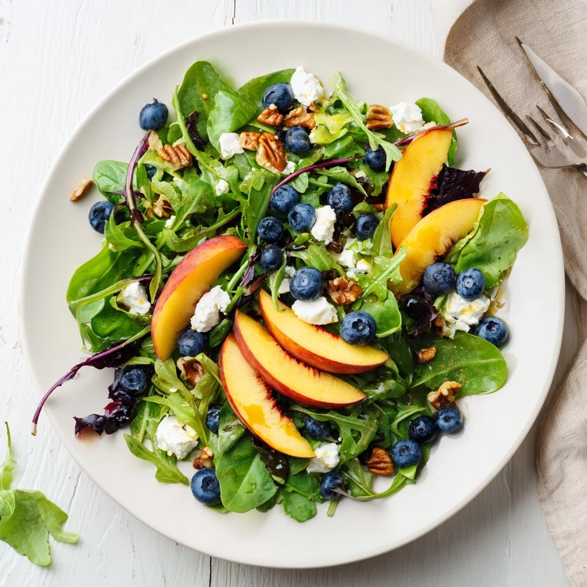 Summer blueberry peach feta salad featuring ripe peaches and creamy cheese on bed of greens