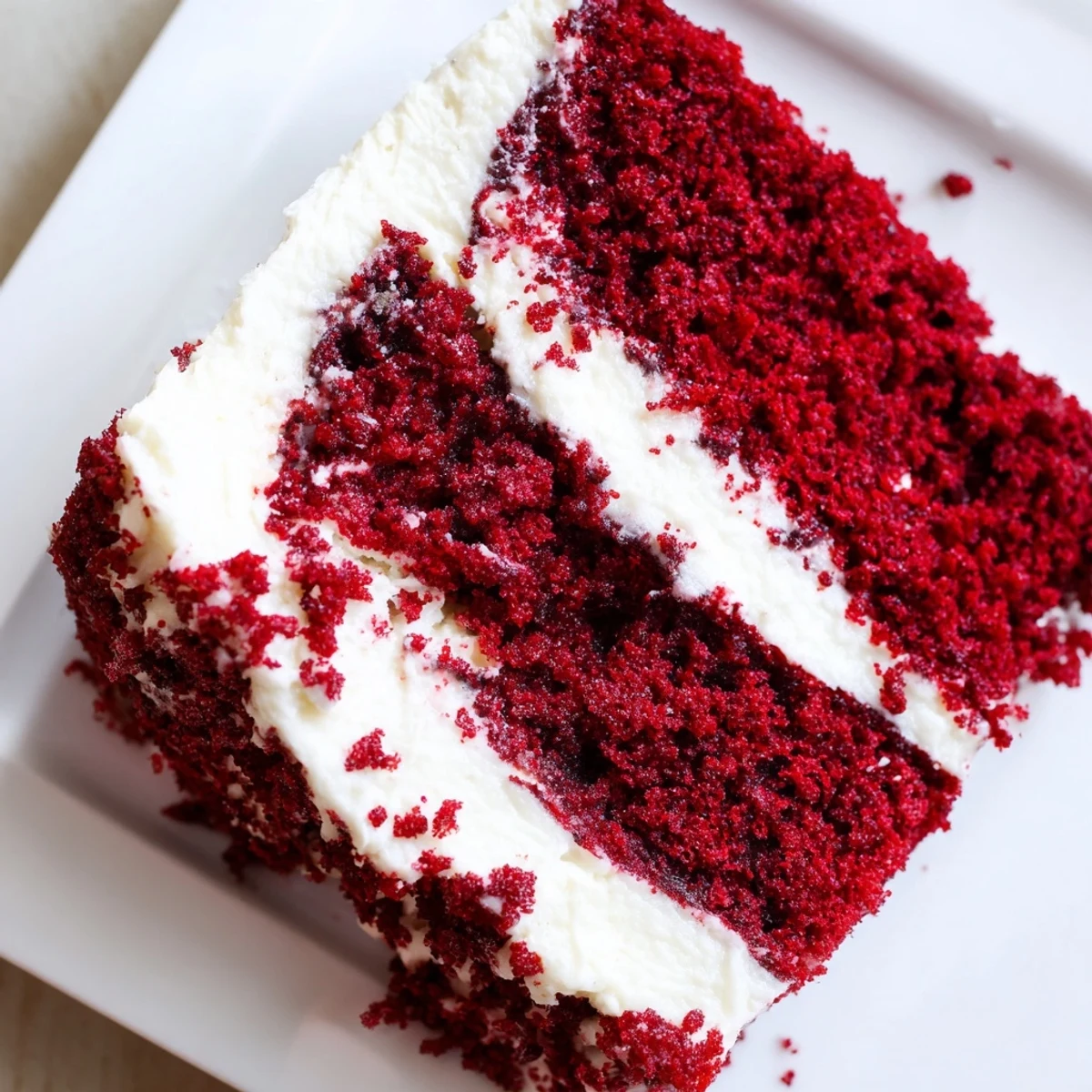 Moist red velvet cake layered with creamy white frosting on a serving plate