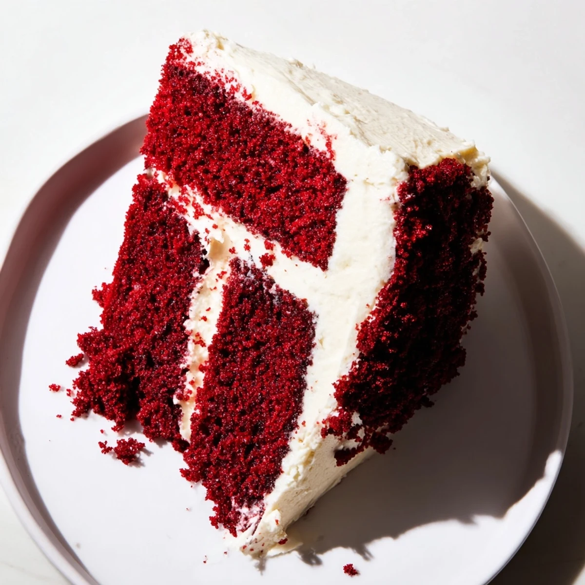 Slice of red velvet cake showing tender red crumb topped with cream cheese frosting