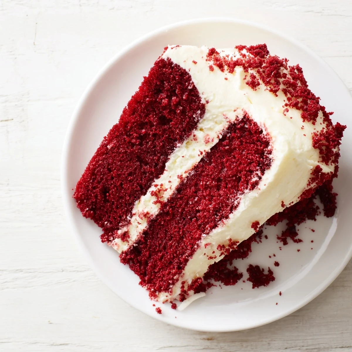 Two-layer red velvet cake with smooth frosting and cake crumbs decorating the sides