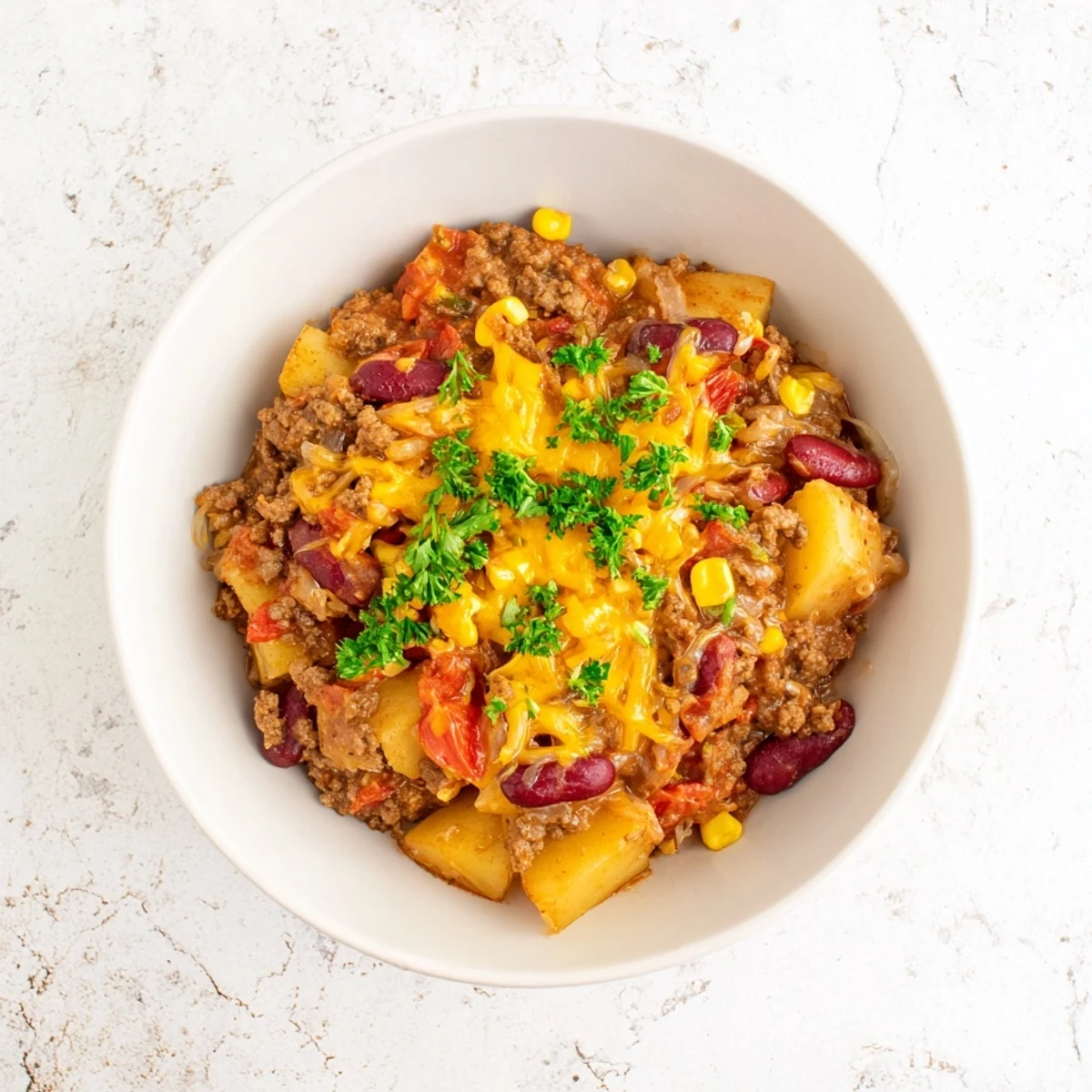 Slow cooker cowboy casserole with melted cheddar cheese over hearty beef, potatoes, beans, and corn