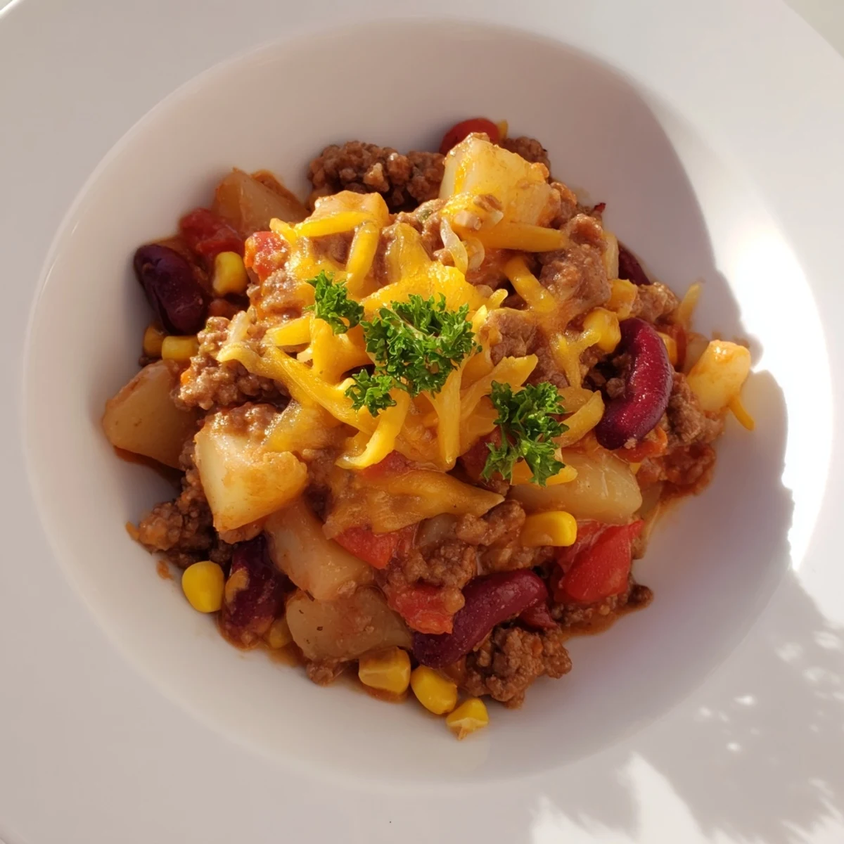 Hearty slow cooker cowboy casserole featuring tender ground beef, potatoes, and vegetables in rich tomato sauce