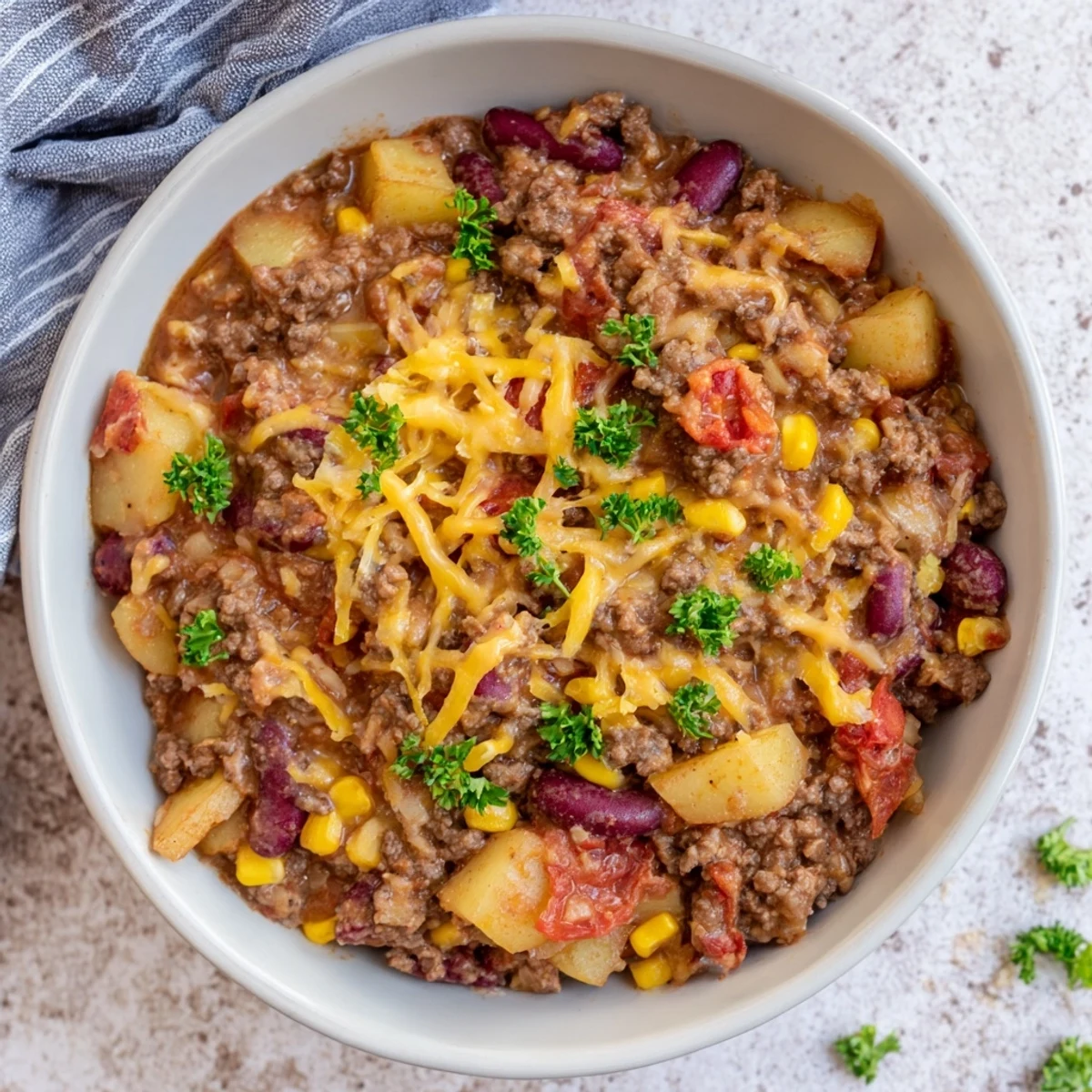 Gluten-free cowboy casserole served hot from the slow cooker with golden melted cheese topping