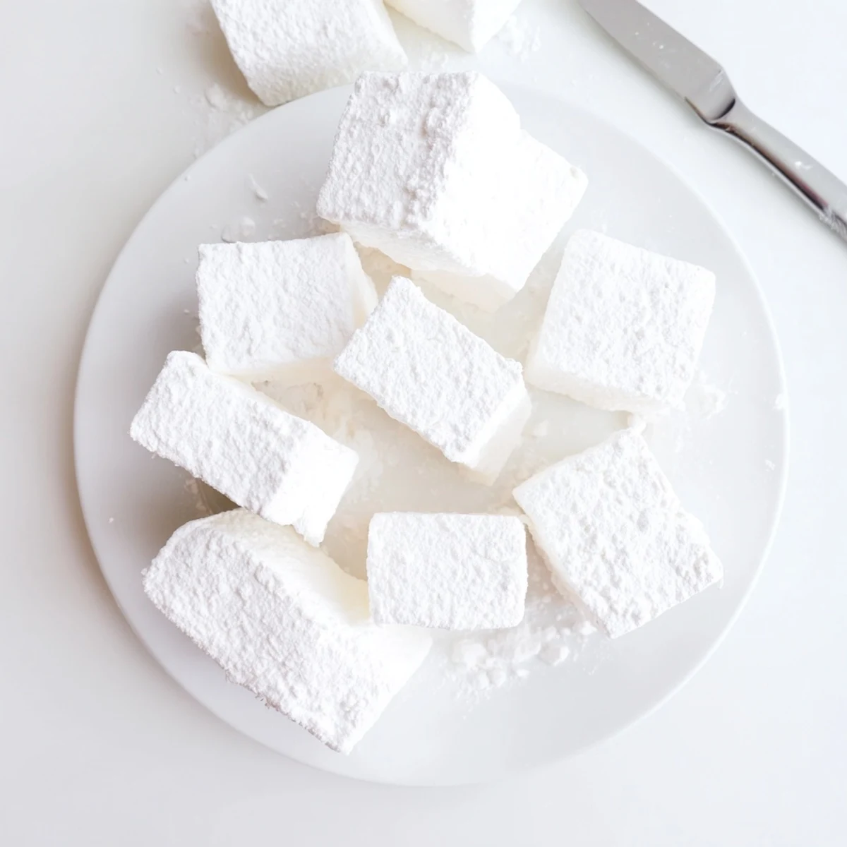 Soft pillowy homemade marshmallows with vanilla resting on cutting board with powdered sugar coating