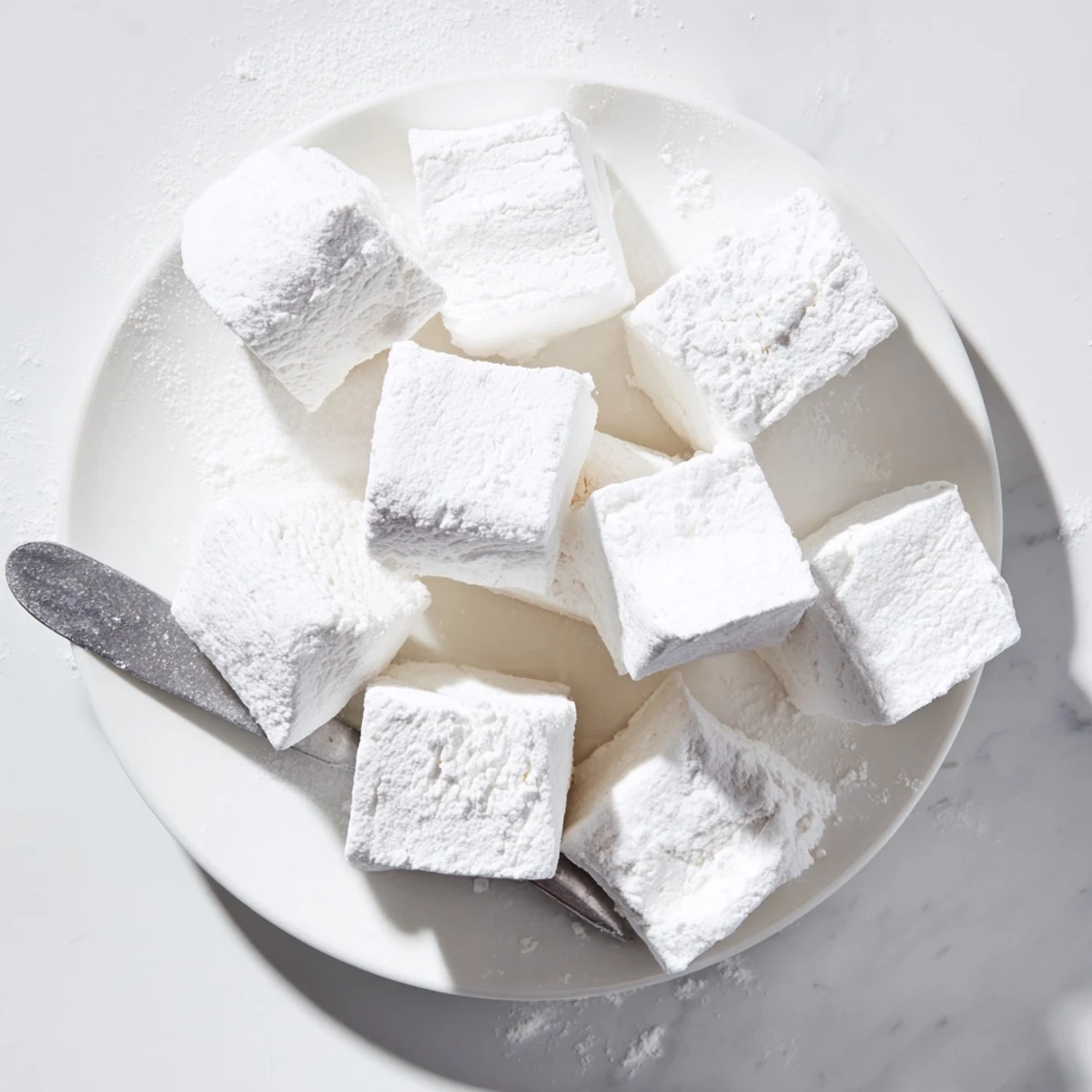 White fluffy homemade marshmallow recipe cubes dusted with confectioners sugar on wooden surface