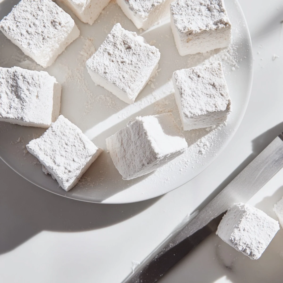 Batch of homemade marshmallows cut into squares ready for hot chocolate or s'mores topping