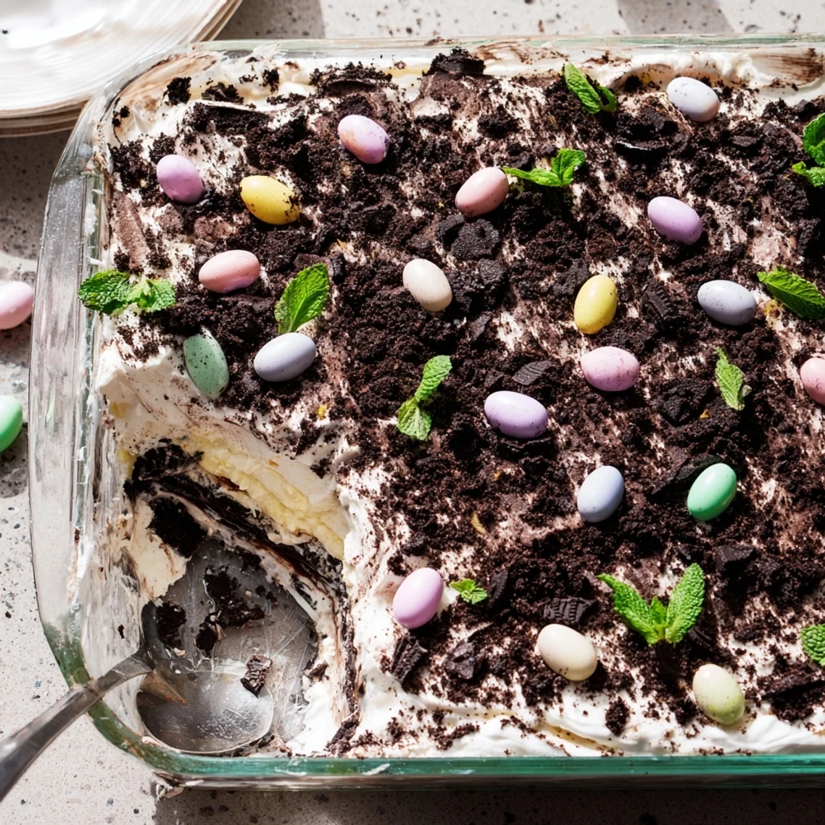 Easter dirt cake casserole displaying layered creamy pudding, chocolate cookie crumbs, and pastel candy eggs in a glass serving dish