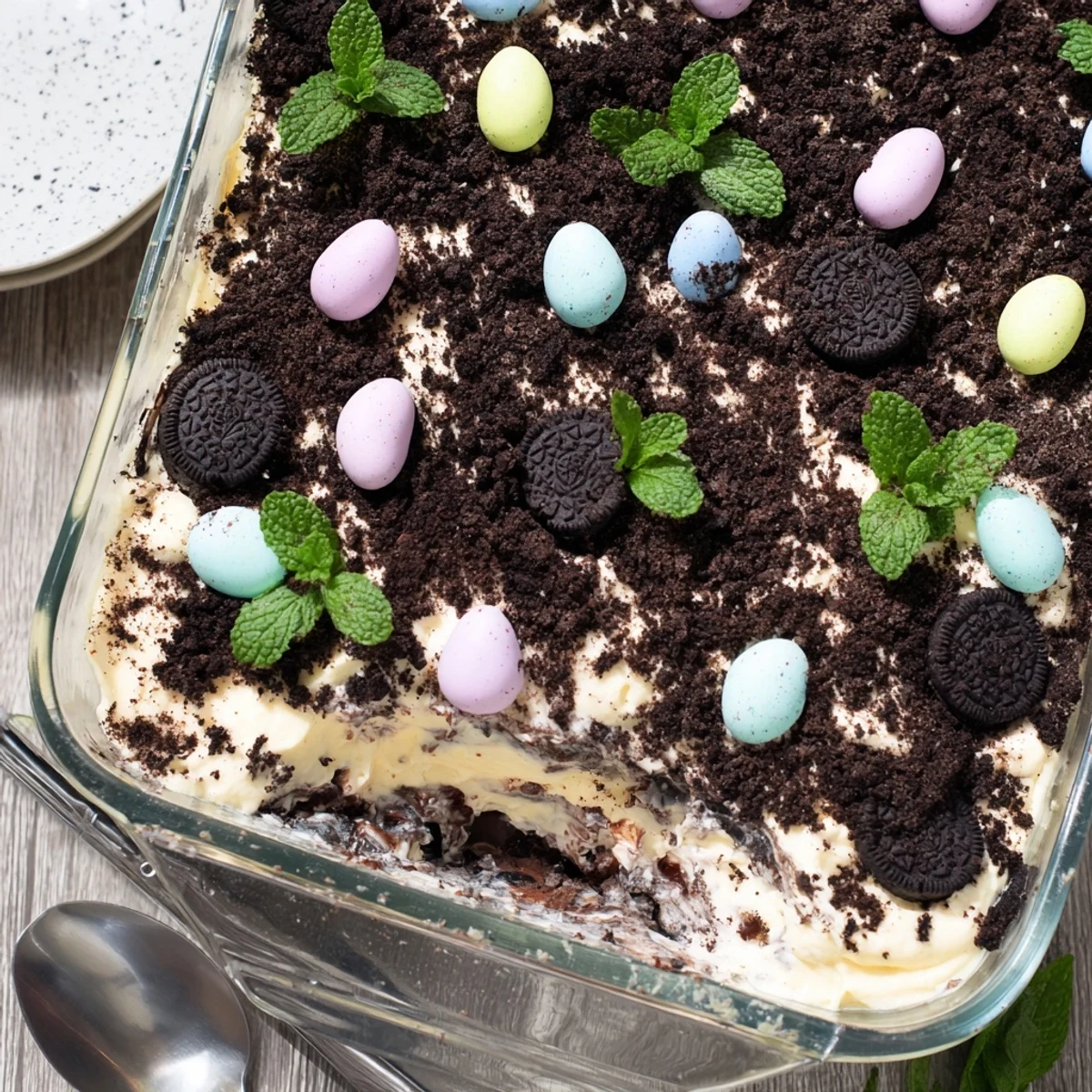Festive Easter dirt cake recipe showing white pudding filling beneath dark cookie soil topped with pastel chocolate eggs and mint garnish