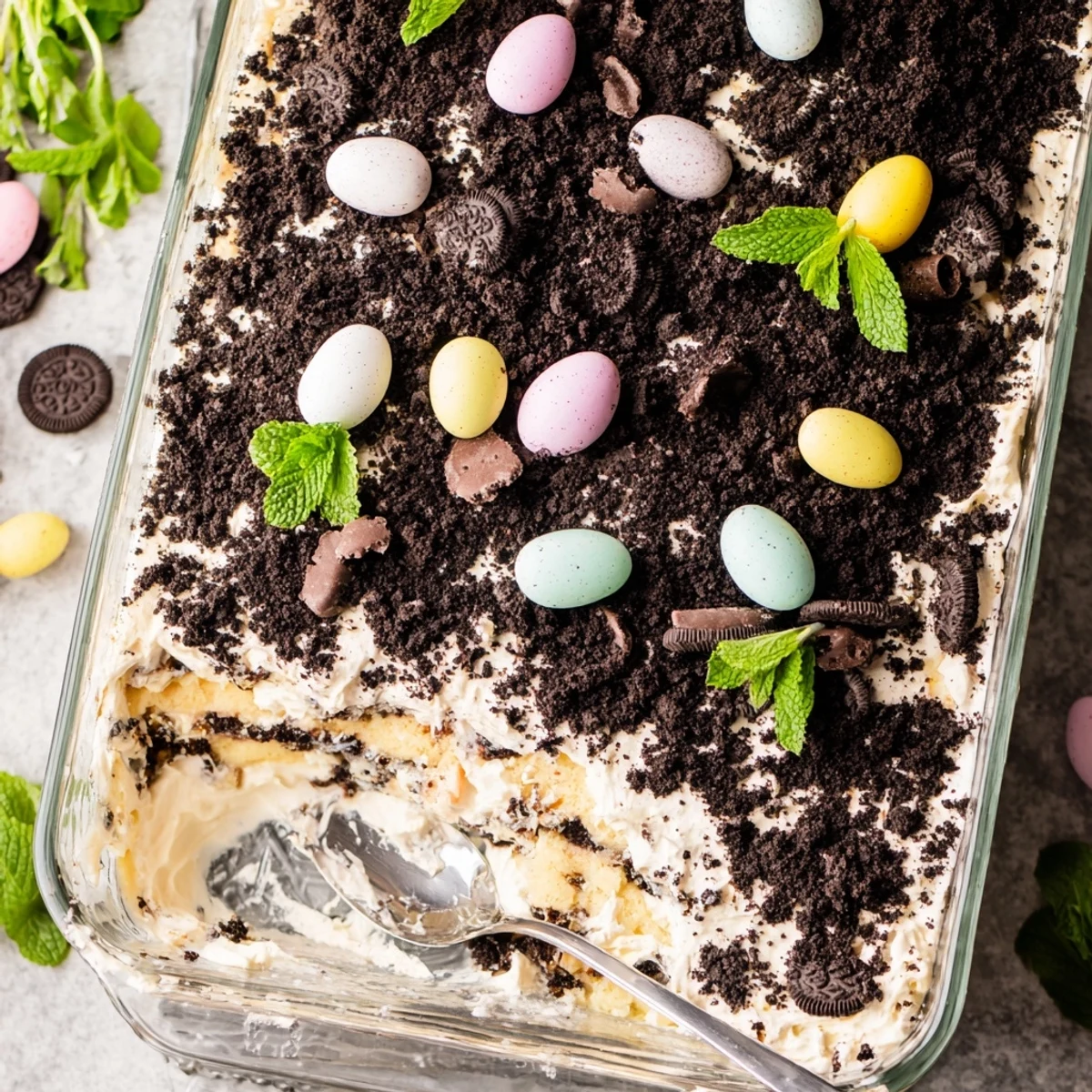 Spring dessert casserole featuring crushed chocolate sandwich cookies, whipped cream layers, and colorful Easter egg candies scattered on top