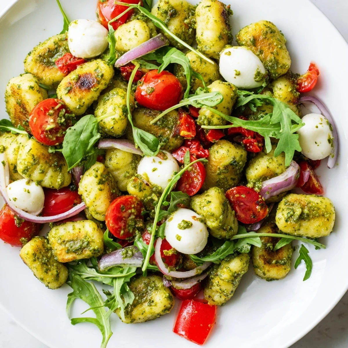 Crispy potato gnocchi paired with cherry tomatoes and creamy bocconcini in pesto dressing
