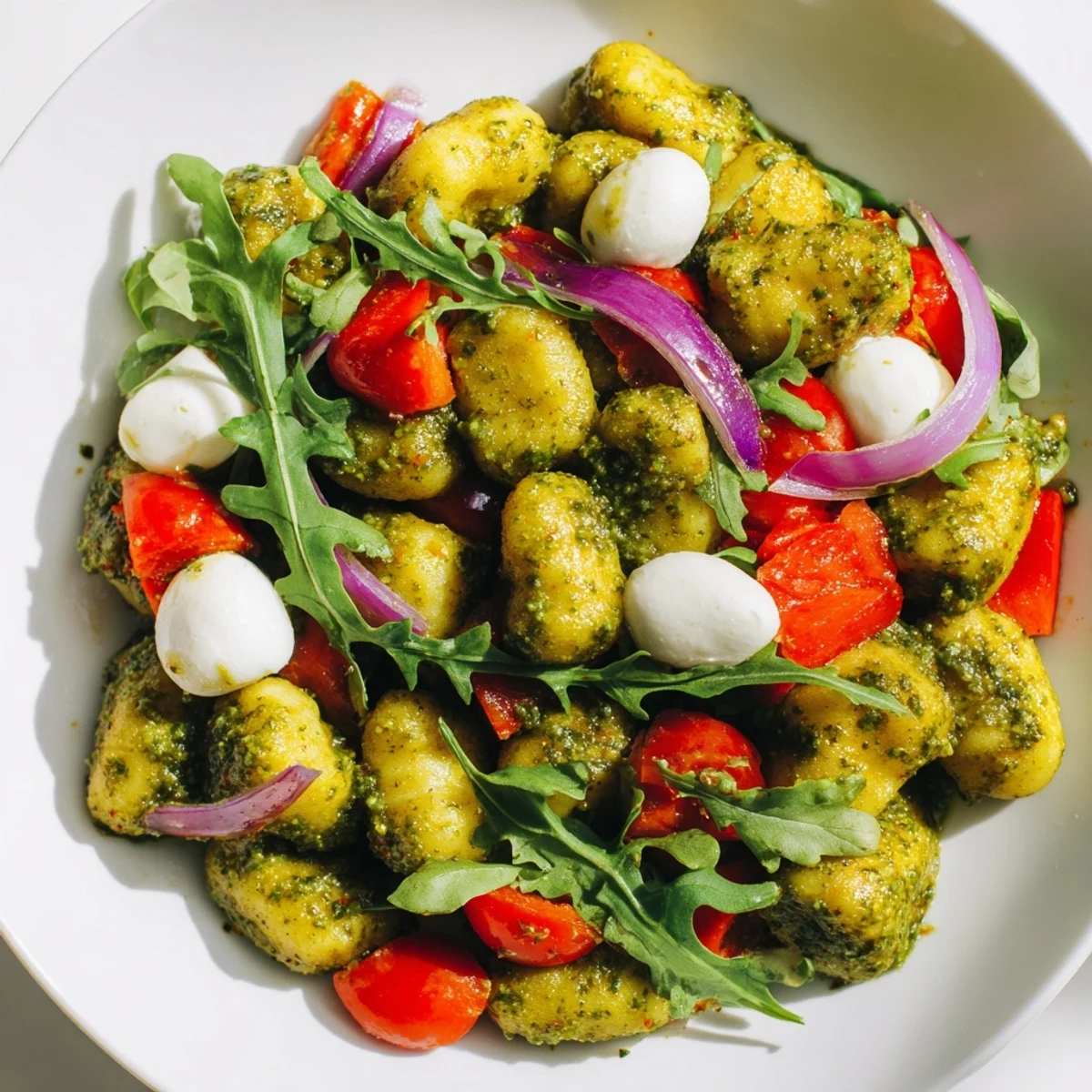 Golden roasted gnocchi salad tossed with fresh basil pesto and melted mozzarella