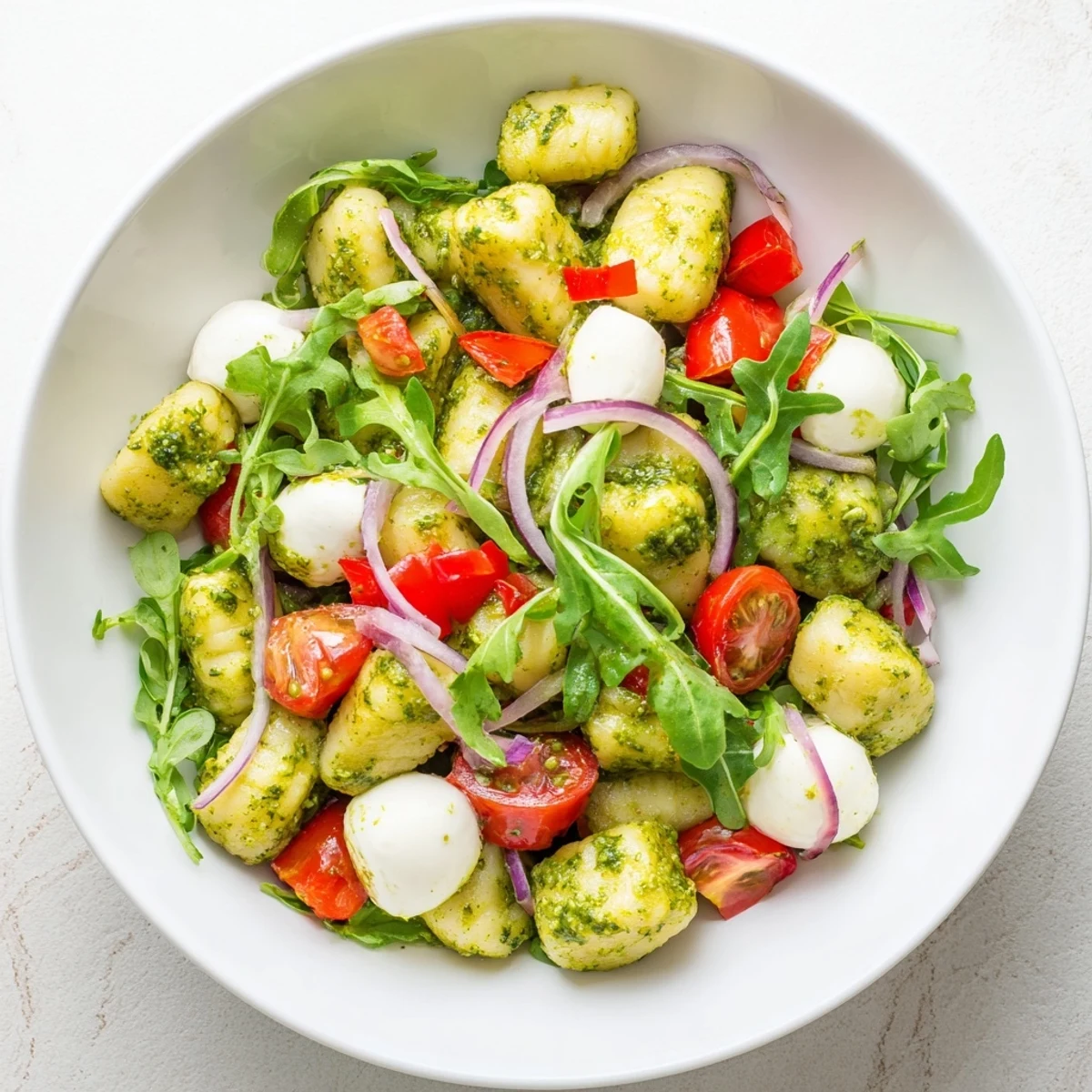 Warm Italian-inspired gnocchi salad with roasted vegetables and fresh arugula pesto coating
