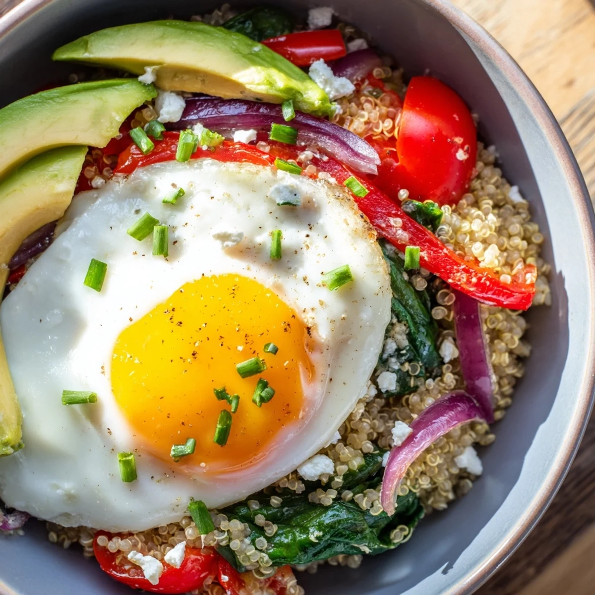Protein-rich savory quinoa breakfast bowl garnished with fresh herbs and a sunny-side-up egg