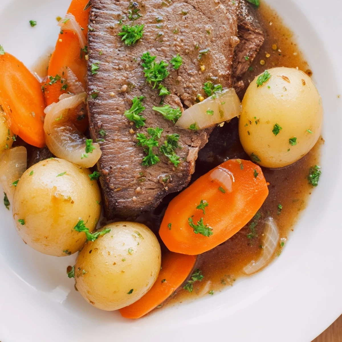Tender slow cooker steak and potatoes with baby carrots and onions in a rich beef broth