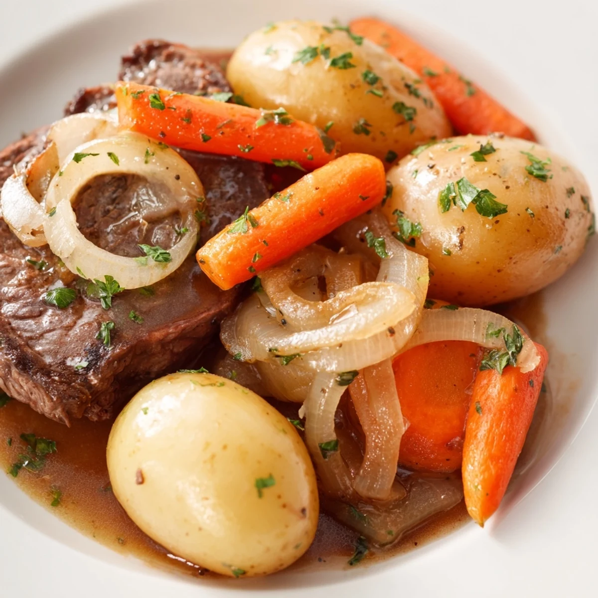 Hearty slow cooker steak and potatoes featuring seared beef nestled alongside buttery baby potatoes