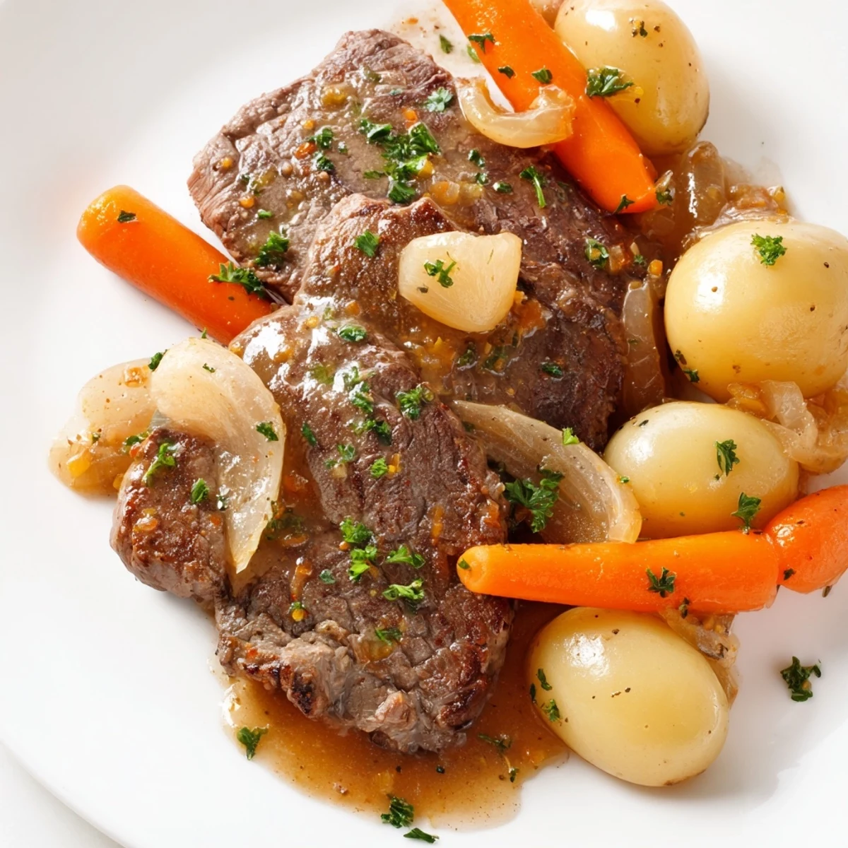 Savory slow cooker steak and potatoes with tender beef, colorful vegetables, and fresh parsley garnish