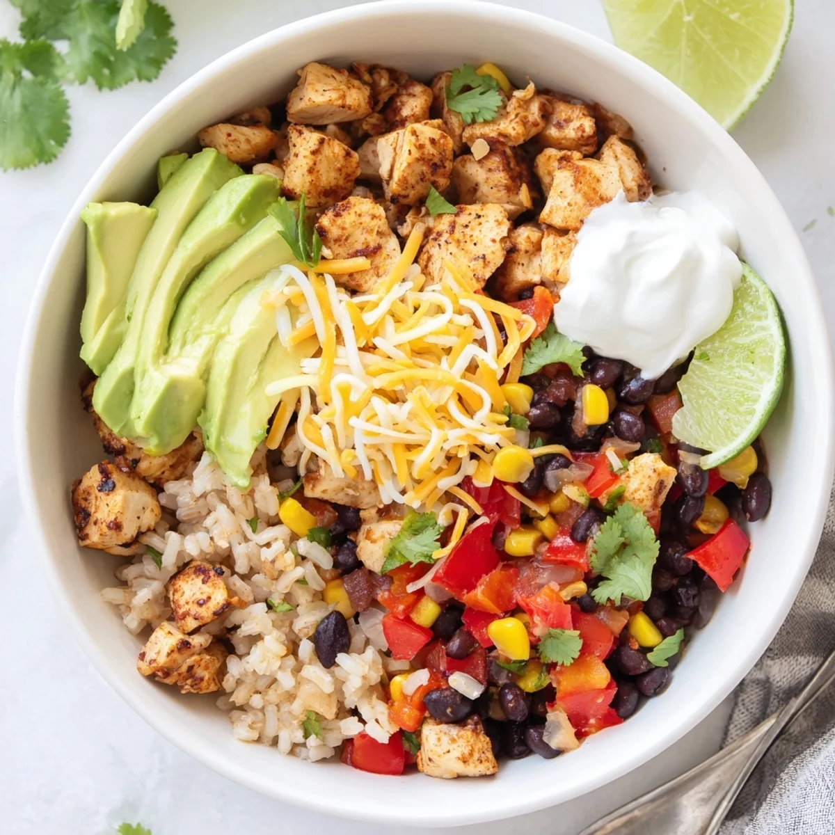 Colorful meal prep bowl featuring seasoned chicken, rice, black beans, corn, and vibrant bell peppers