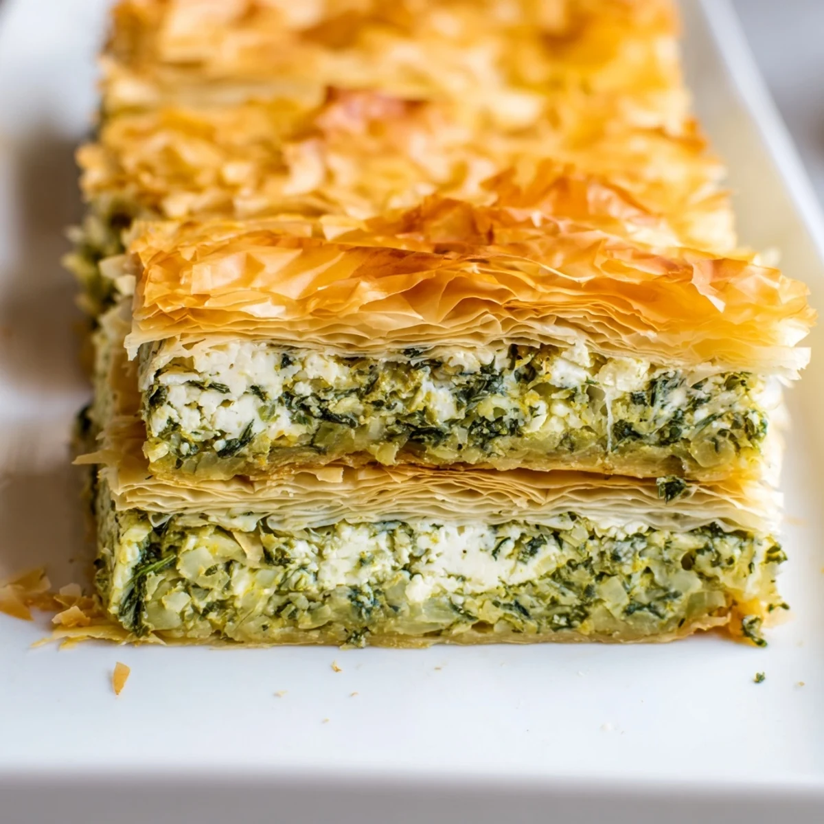 Crispy homemade authentic Greek spanakopita sliced into squares revealing green herb filling