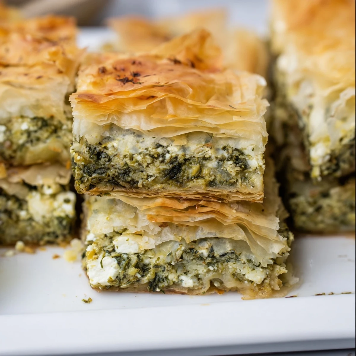 Golden authentic Greek spanakopita with flaky phyllo layers and spinach feta filling