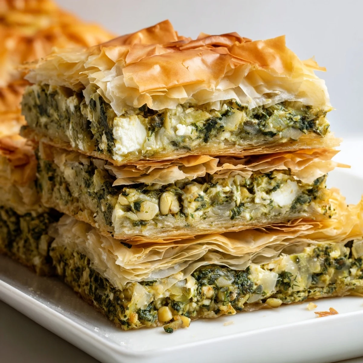 Baked authentic Greek spanakopita pie with golden brown buttery phyllo pastry topping