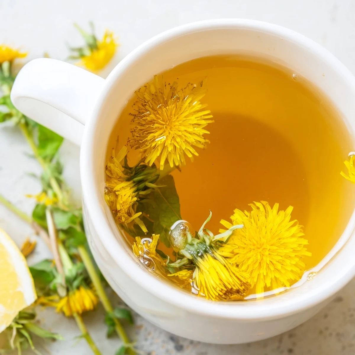 Glass mug of freshly brewed dandelion tea garnished with lemon slice on wooden table
