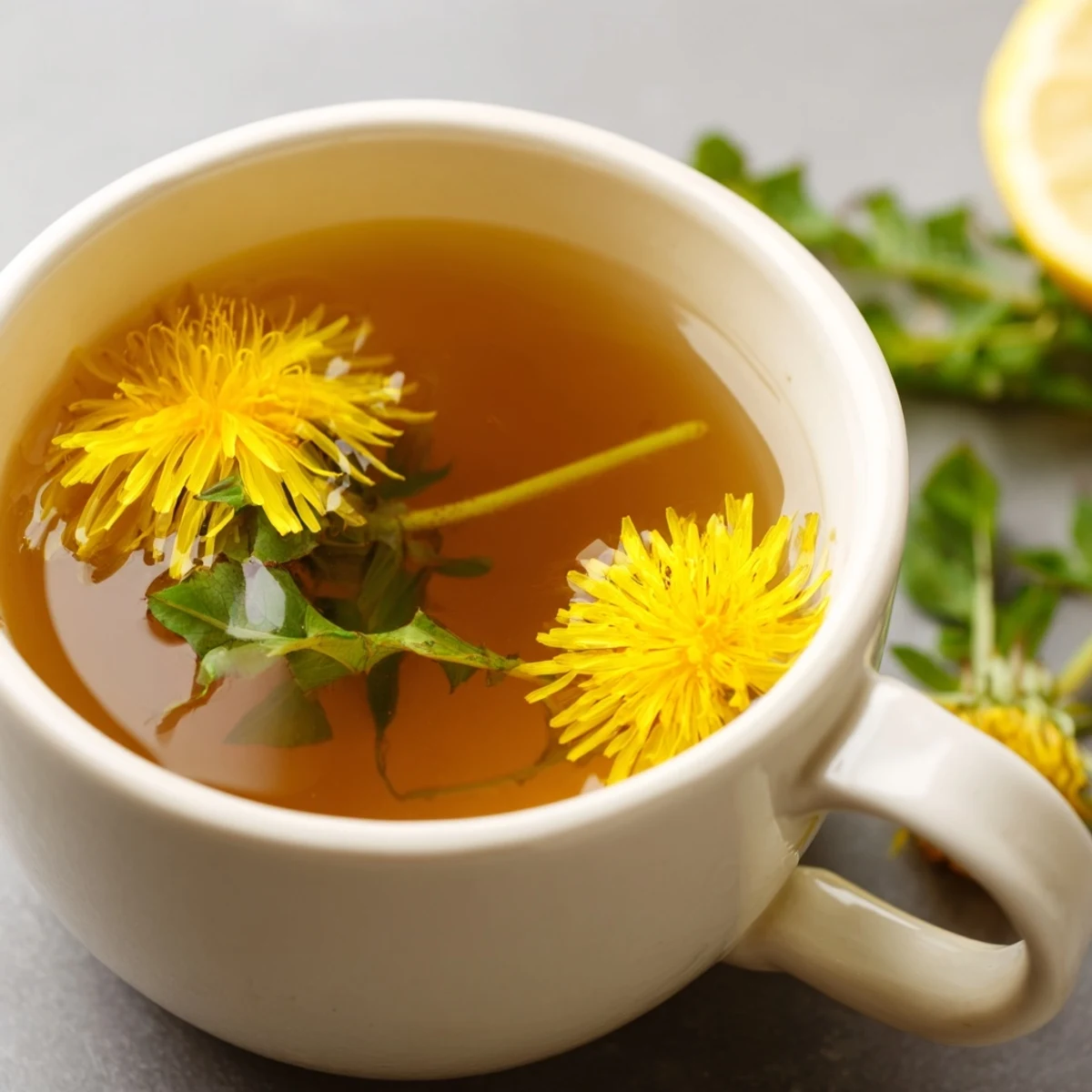 Warm dandelion herbal tea poured into white teacup with honey drizzle and fresh blossoms