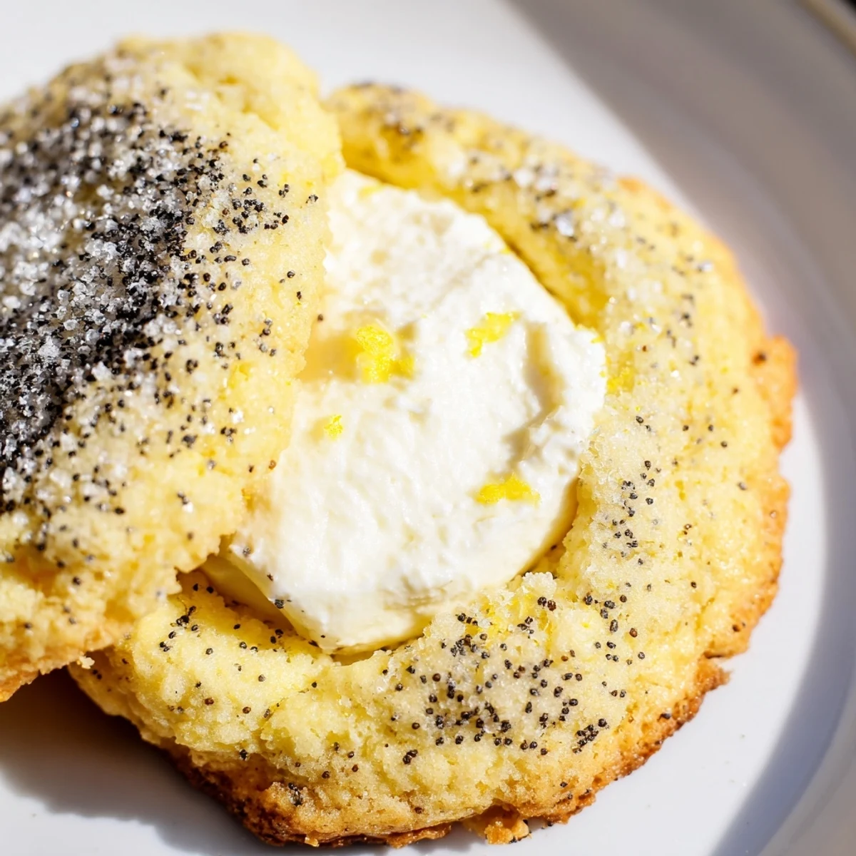Soft golden lemon poppy seed cheesecake cookies with creamy centers and sugar coating