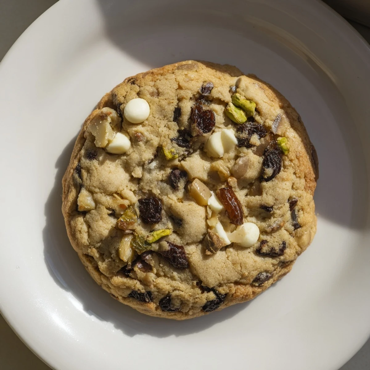 Golden Dubai chewy cookie studded with chopped pistachios and sweet dates on a white plate