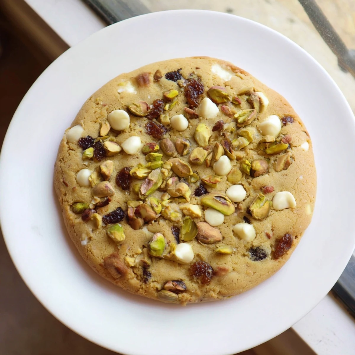 Freshly baked Dubai chewy cookies with green pistachios and chocolate chips cooling on wire rack