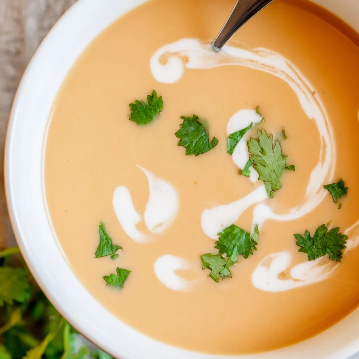 Creamy spicy apple soup recipe garnished with fresh herbs and coconut cream swirl