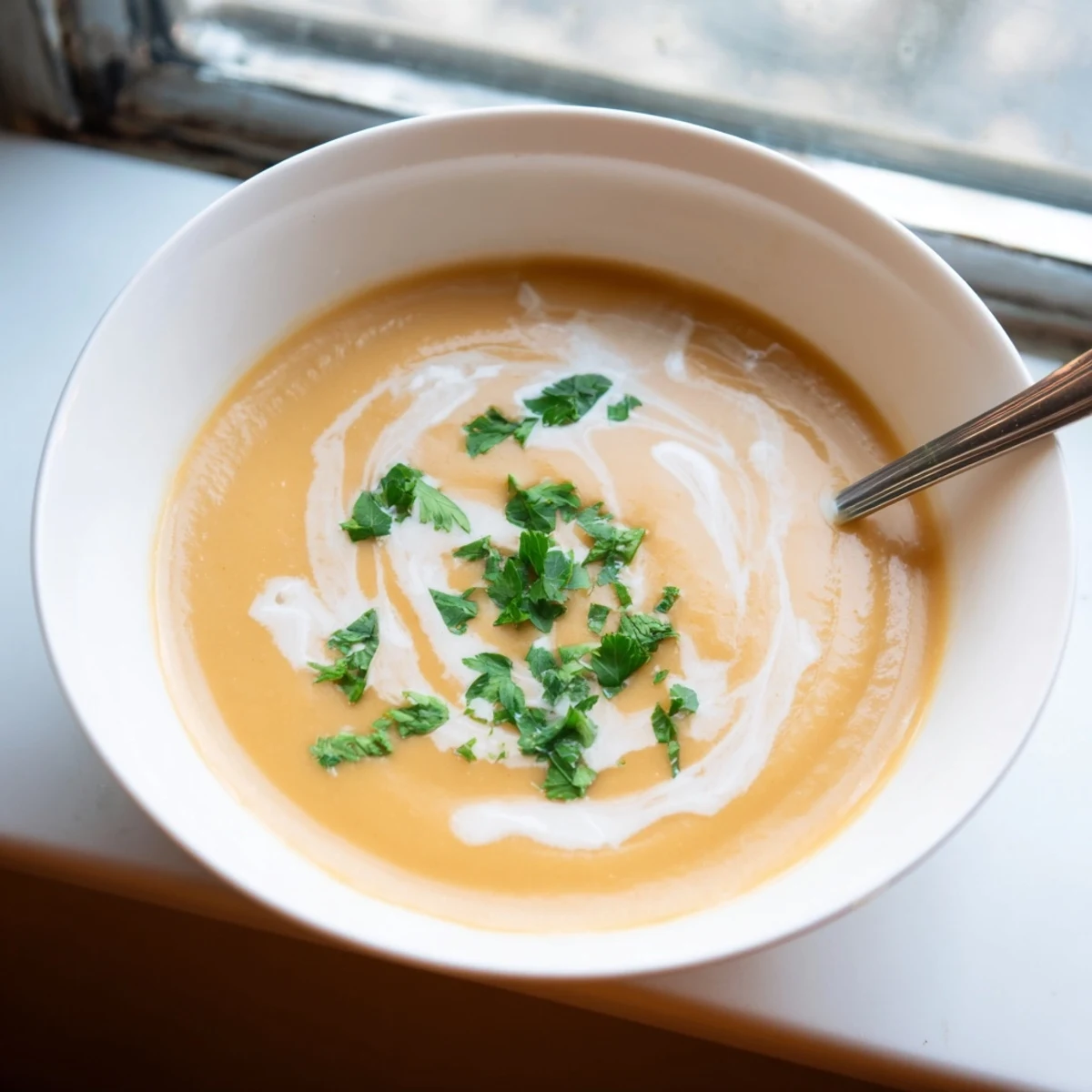 Steaming bowl of spicy apple soup recipe featuring smooth coconut milk and warming autumn spices