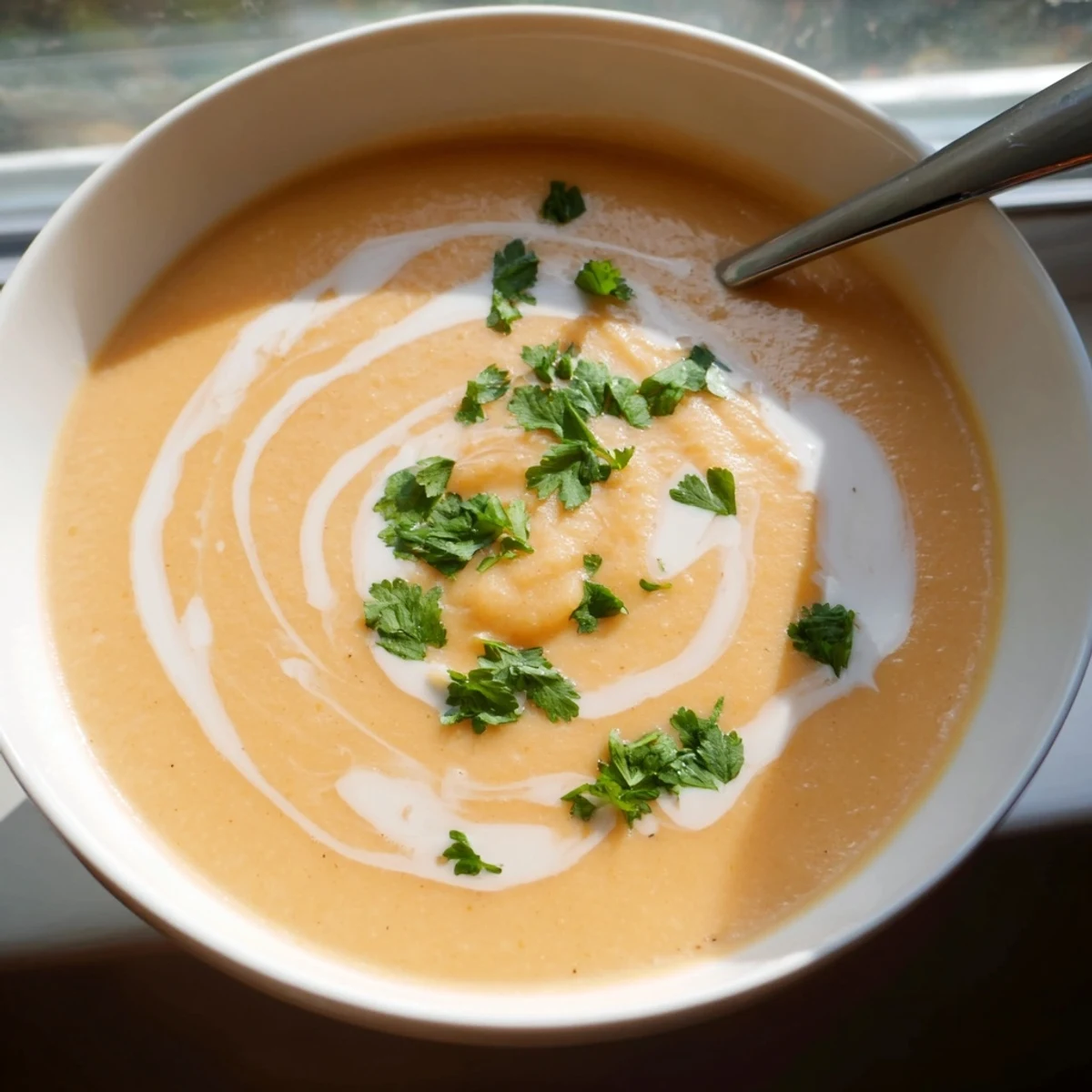 Golden spicy apple soup recipe served hot with chopped coriander and crusty bread