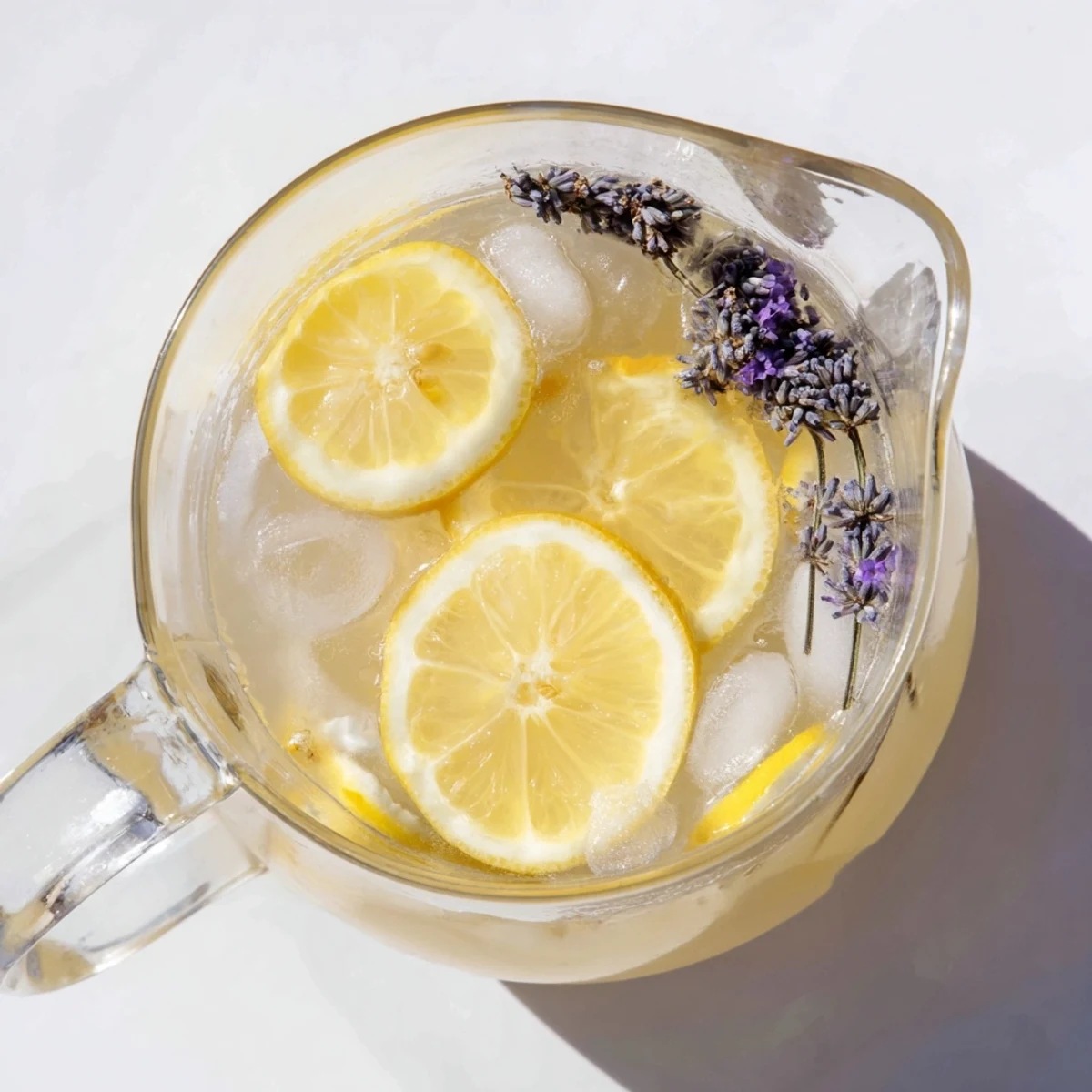 Refreshing lavender lemonade poured over ice in a mason jar with floating lemon wheels and floral garnish