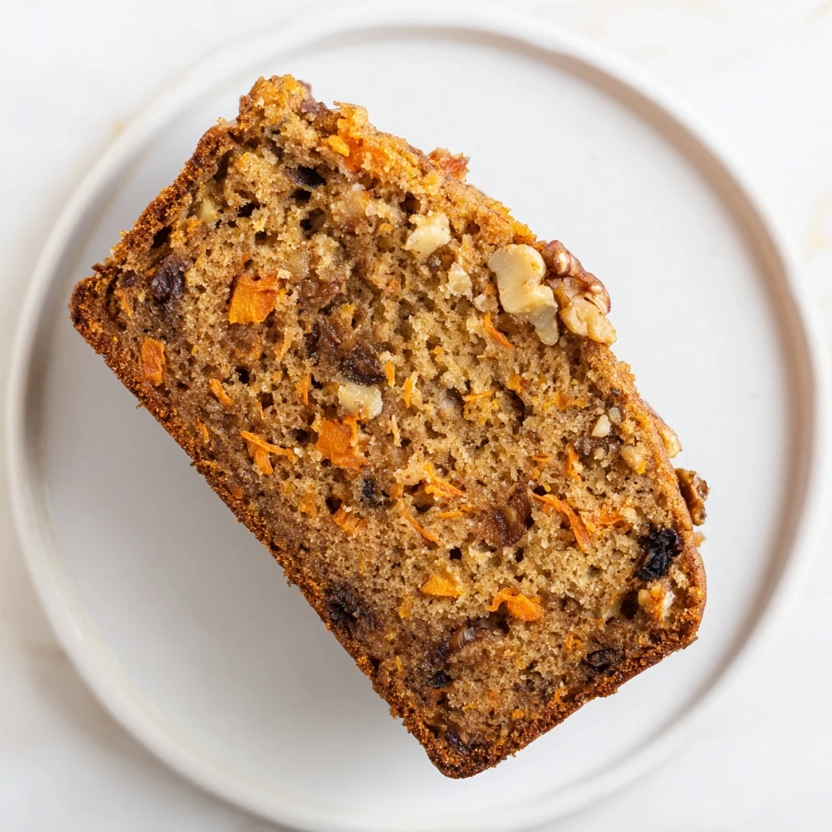 Moist slice of spiced carrot cake banana bread with visible grated carrot flecks and cinnamon swirl