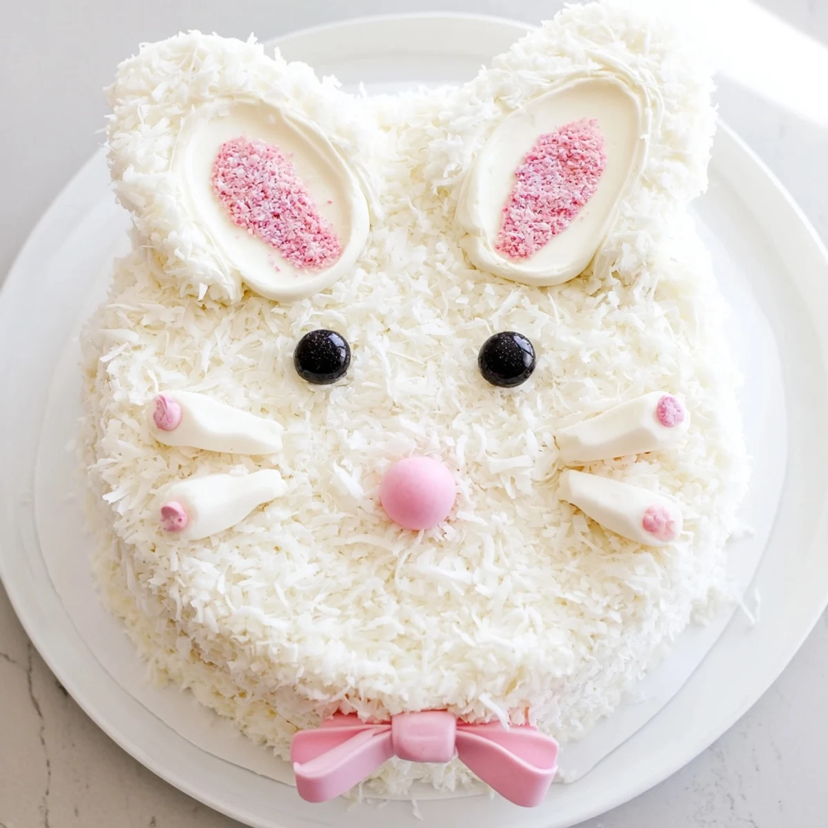 Easter Bunny Cake centerpiece with white coconut fur, pink inner ears, and candy decorations on platter