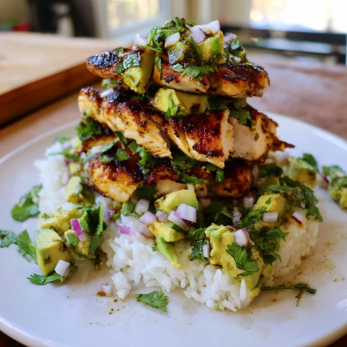 Sliced honey-lime marinated chicken breast atop avocado and rice with fresh cilantro garnish and lime wedges