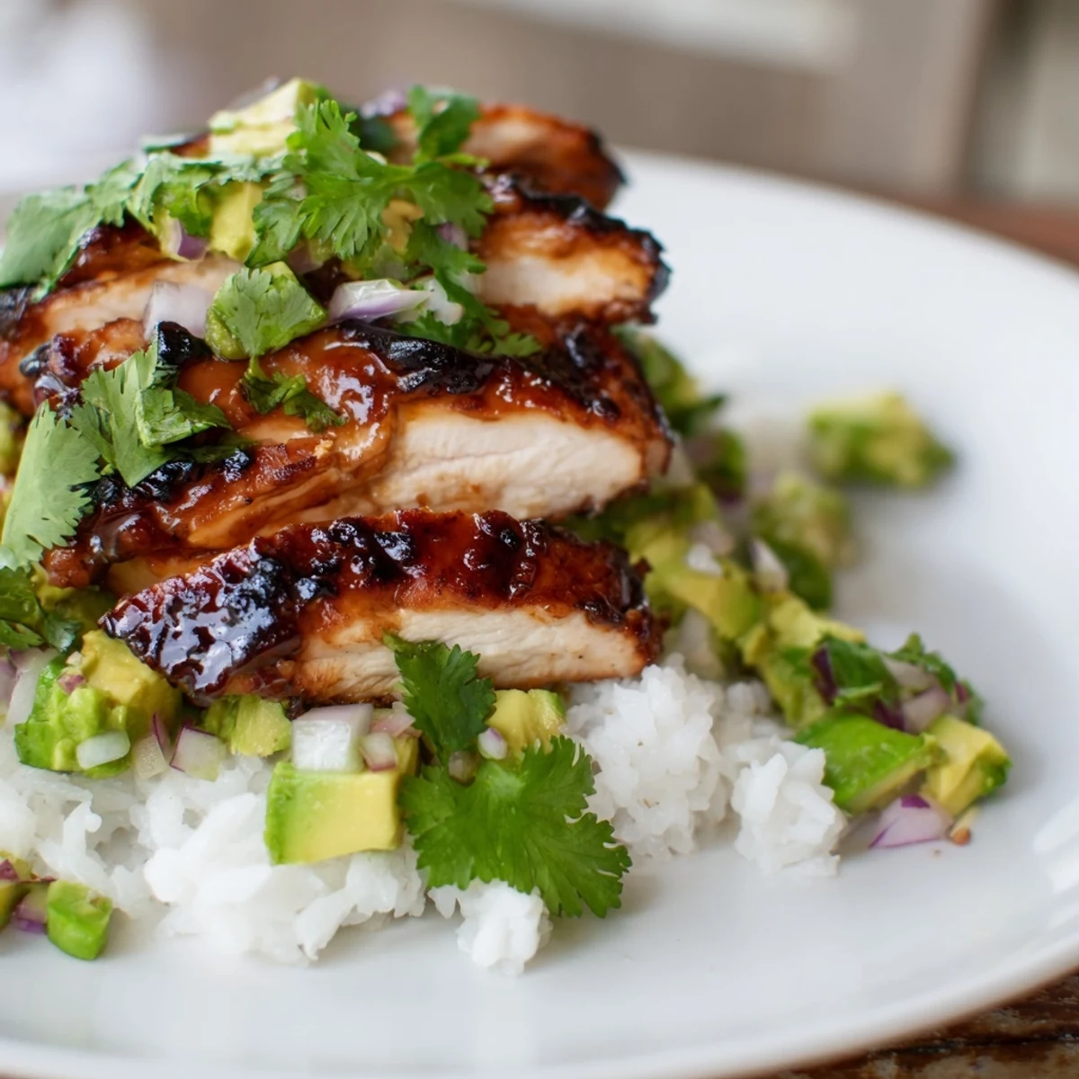 Tender zesty chicken arranged in a neat stack with ripe avocado cubes and steaming jasmine rice