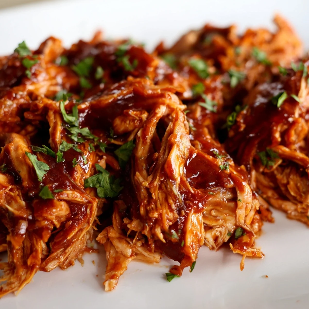 Tender Sweet Baby Ray's crockpot chicken glistening with rich barbecue sauce on a white plate