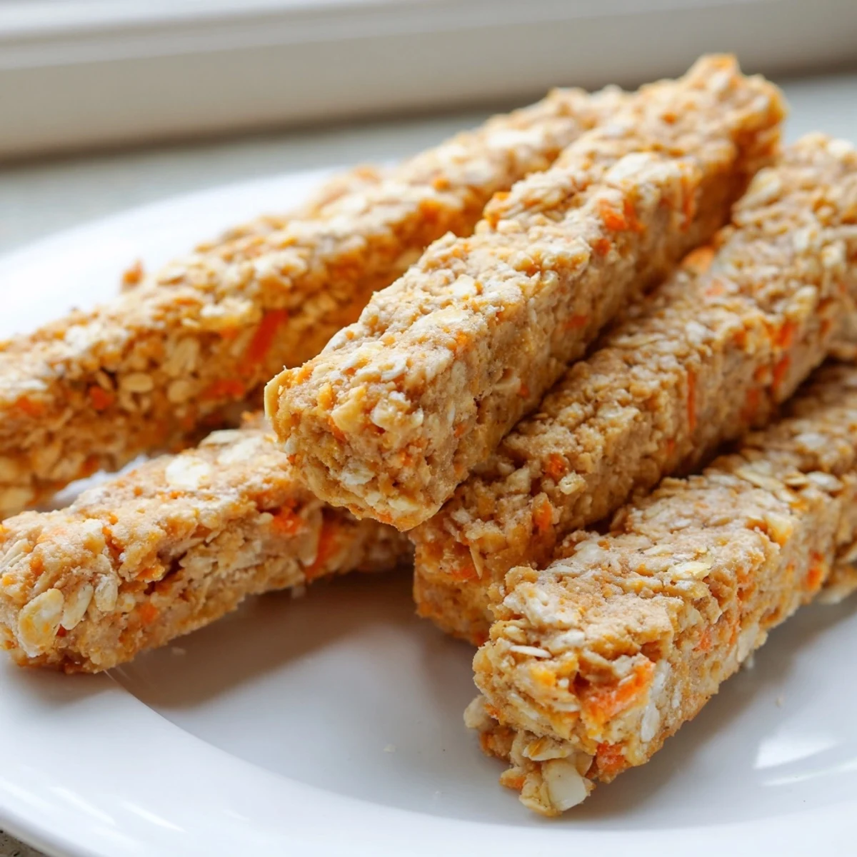 Golden brown apple and carrot dog chew sticks arranged on a rustic parchment-lined baking sheet