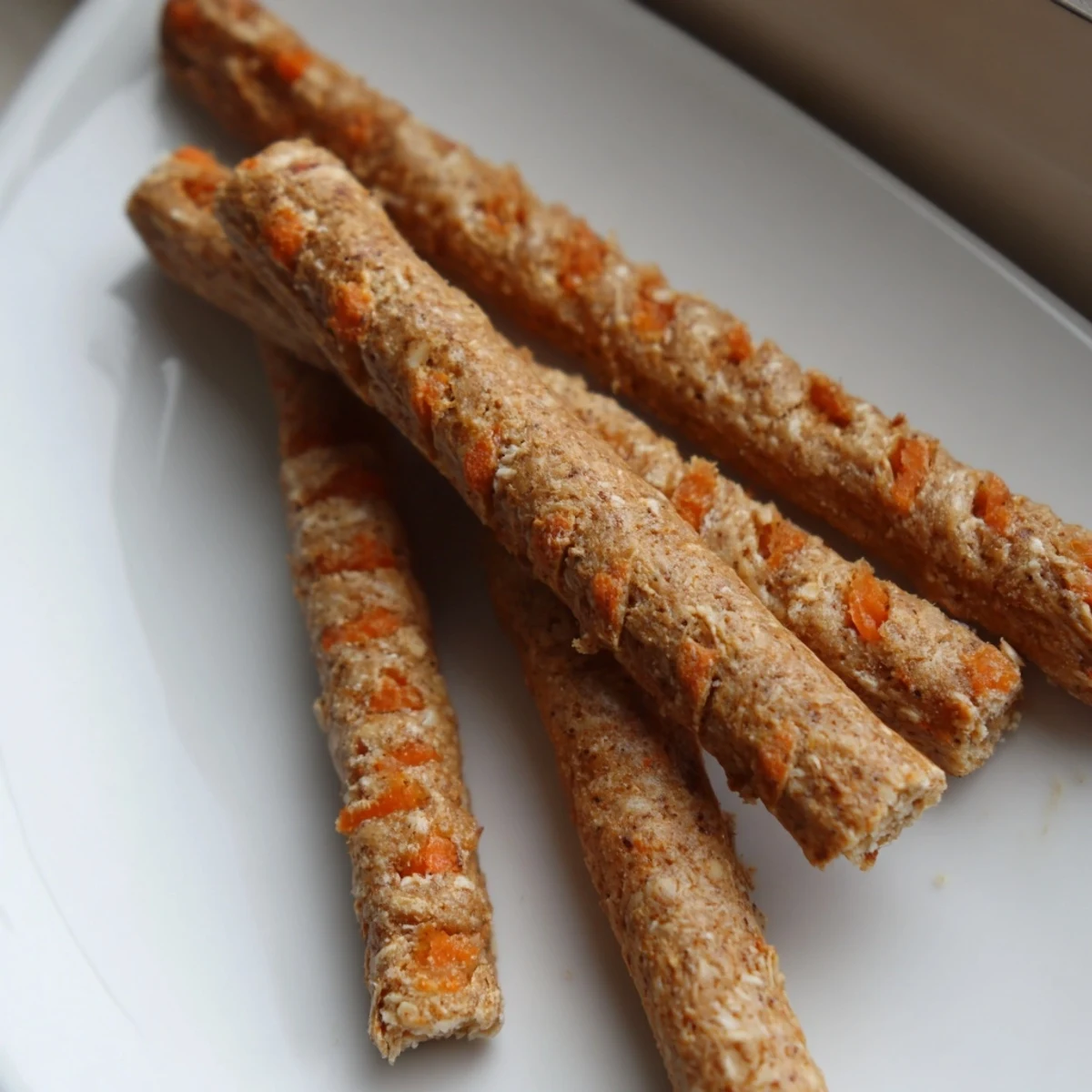 Homemade apple and carrot dog chew sticks with a crunchy texture perfect for rewarding happy pups