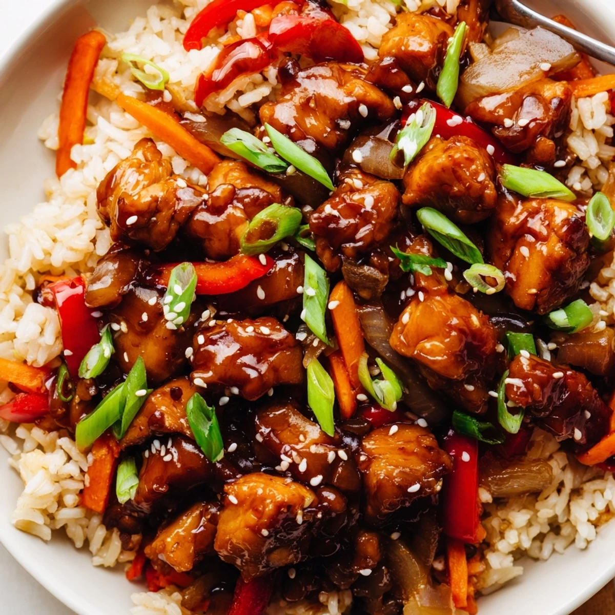 One Pan Korean BBQ Chicken and Rice with colorful vegetables in a cast iron skillet