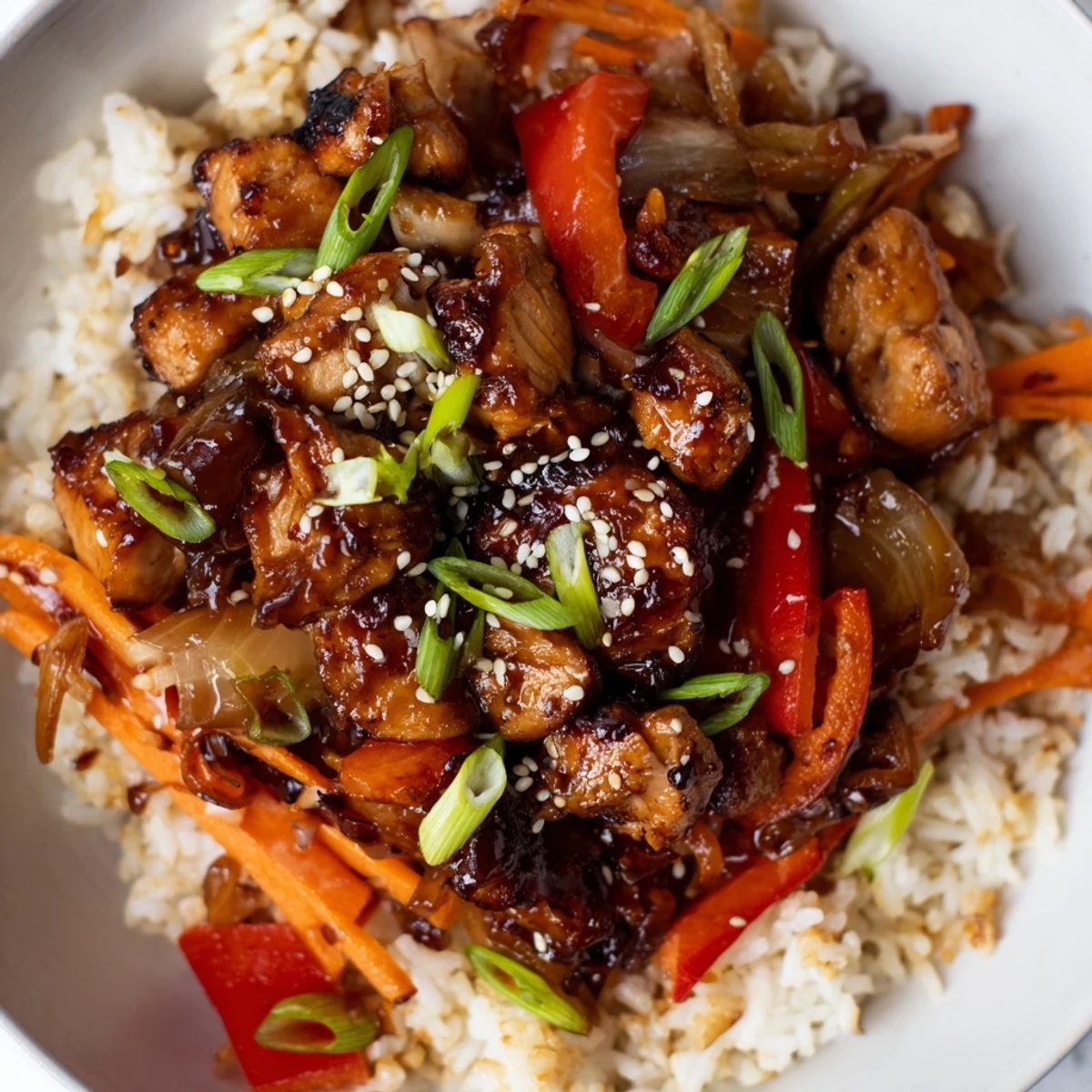 Tender One Pan Korean BBQ Chicken and Rice topped with sesame seeds and green onions