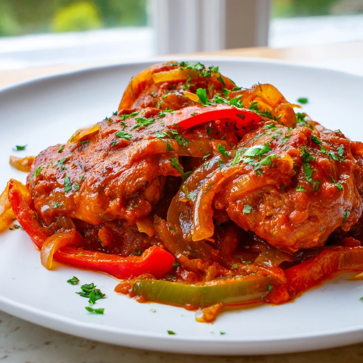 Tender Senegalese chicken simmered in rich tomato sauce with colorful bell peppers and aromatic spices