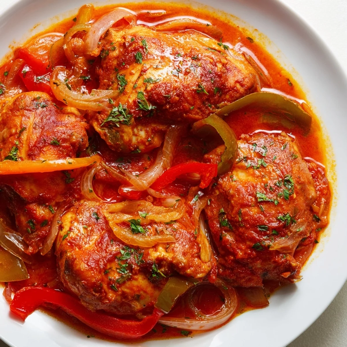 Golden brown Senegalese chicken pieces nestled in thick, savory onion and tomato stew
