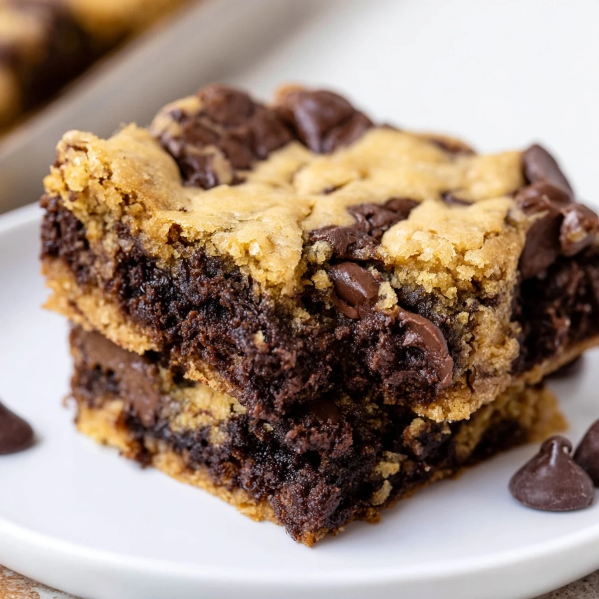 Fudgy vegan brookies with two decadent chocolate layers stacked and studded with chocolate chips