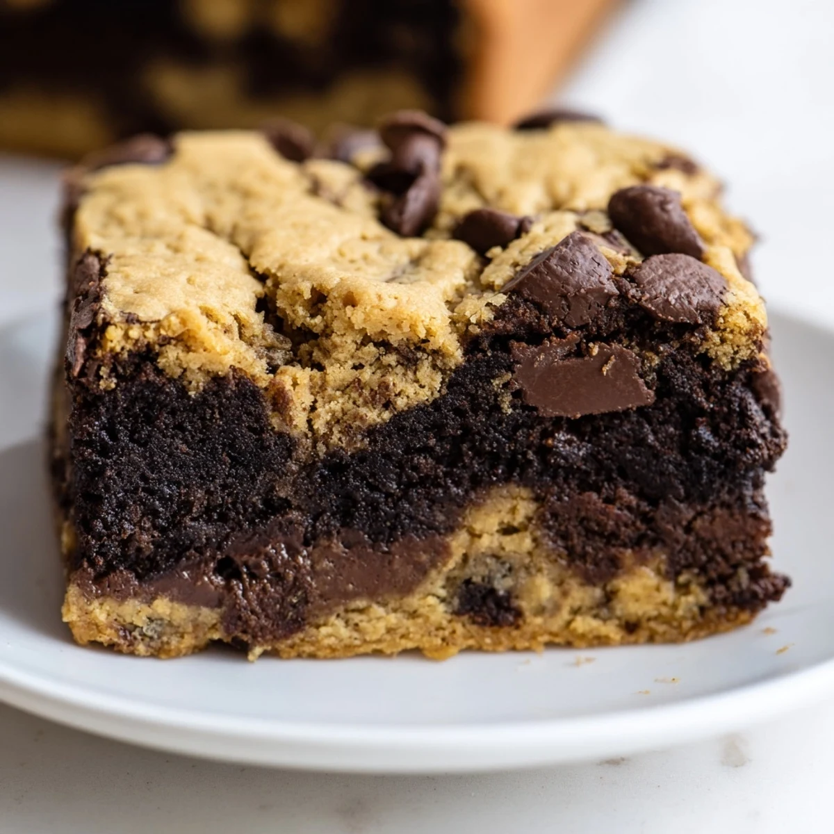 Golden cookie layer crowns rich chocolate vegan brookies topped with melty chocolate chips