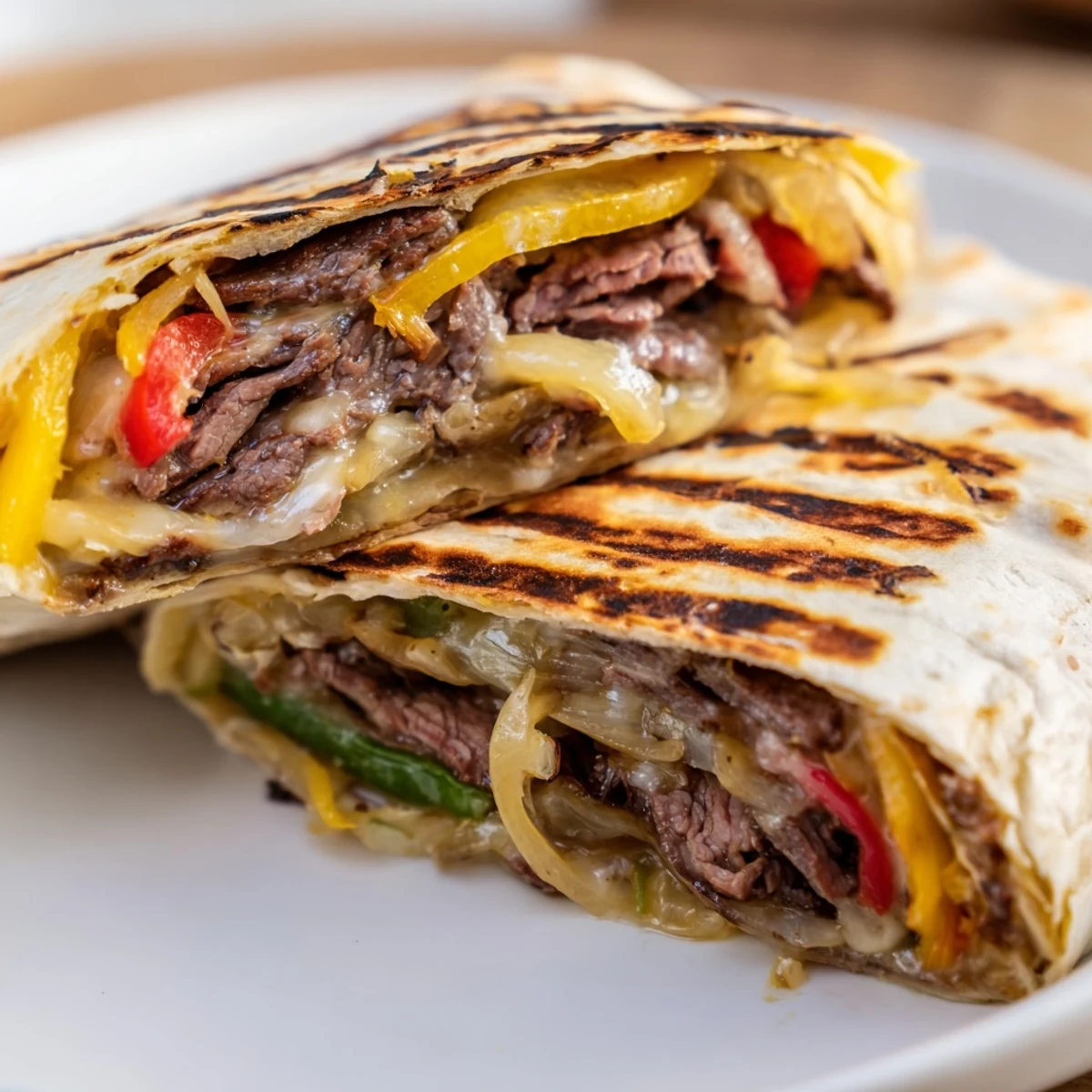 Golden crispy Philly cheesesteak grilled wraps with melted provolone and colorful peppers
