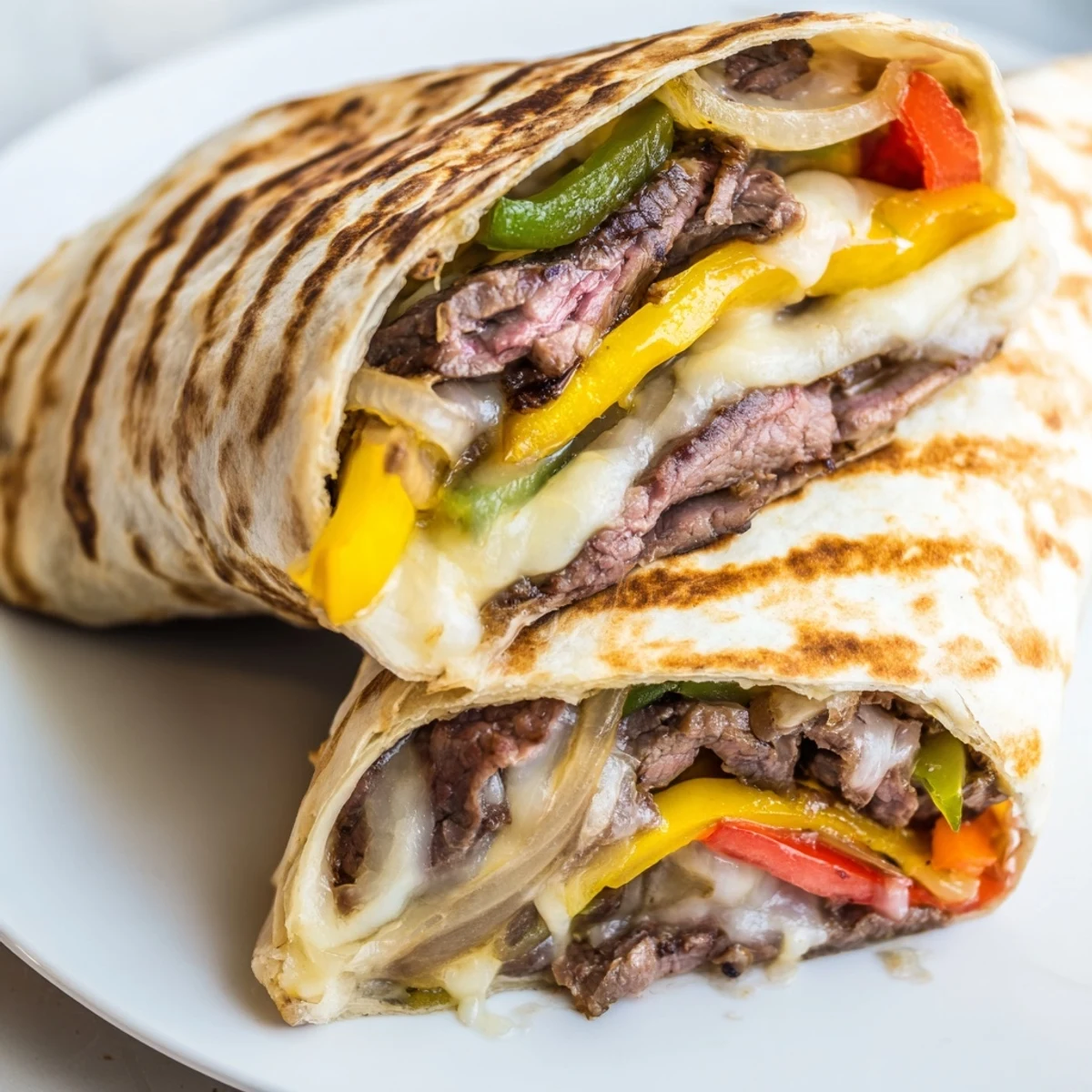 Crispy Philly cheesesteak grilled wraps sliced open showing tender beef and melted cheese