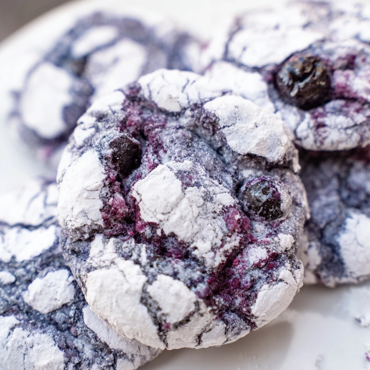 Soft blueberry crinkle cookies dusted with powdered sugar on a rustic baking sheet.