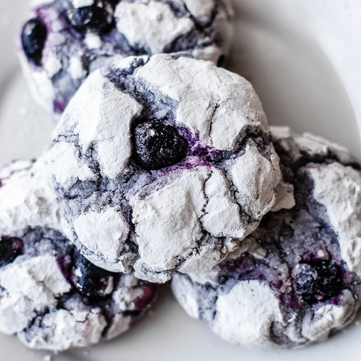 Golden blueberry crinkle cookies with cracked tops coated in snowy white powdered sugar.